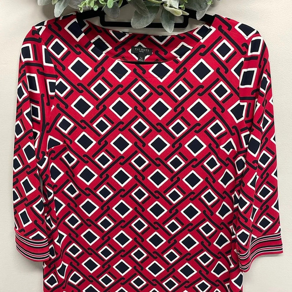 NWOT Talbots Petites 3/4 Sleeve Stretch Shift Dress Red Black White Print LP - Picture 2 of 16